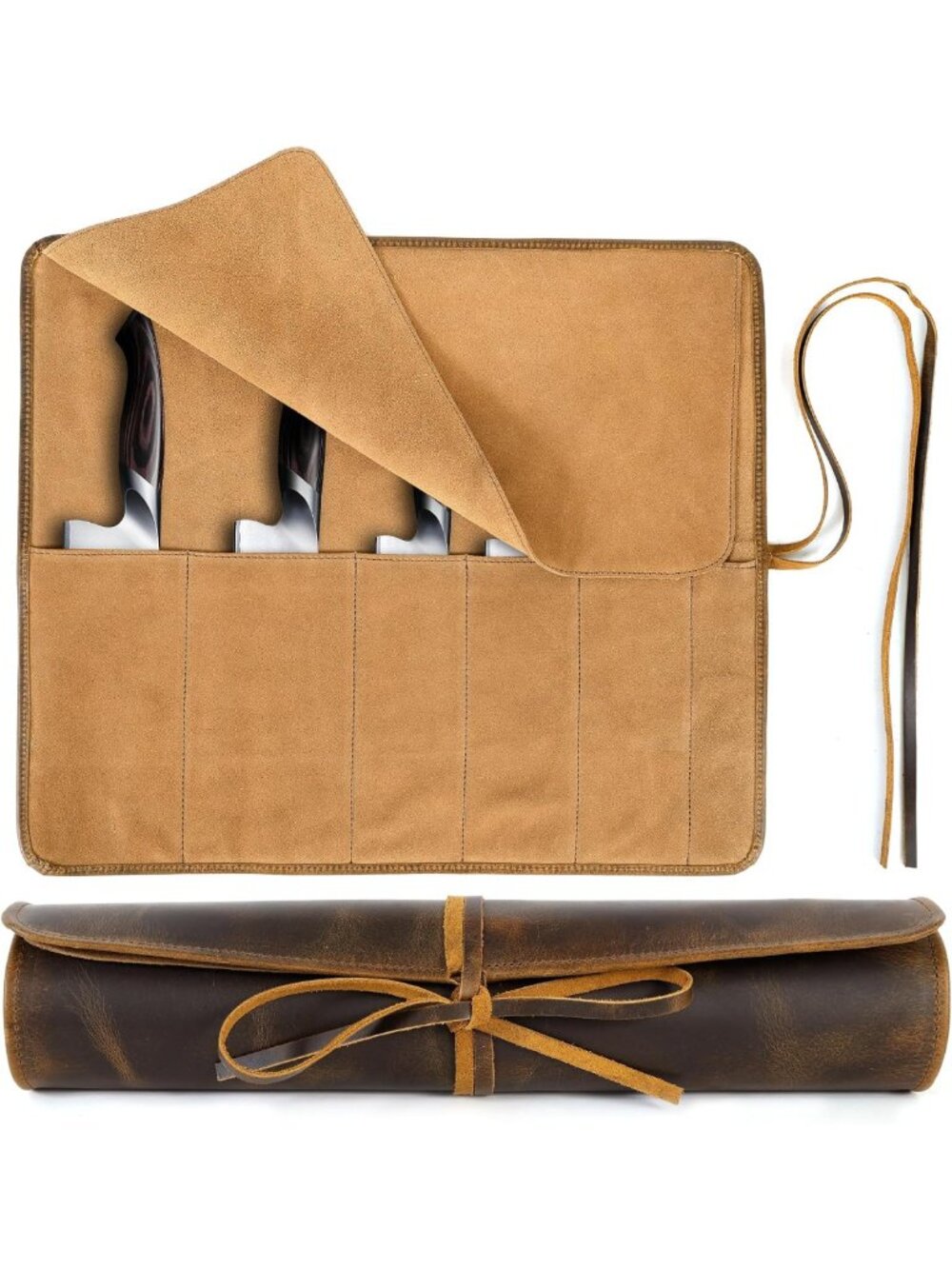 Durable Leather Knife Roll Bag for Chefs - 6 Slot Culinary Tool Storage Wrap